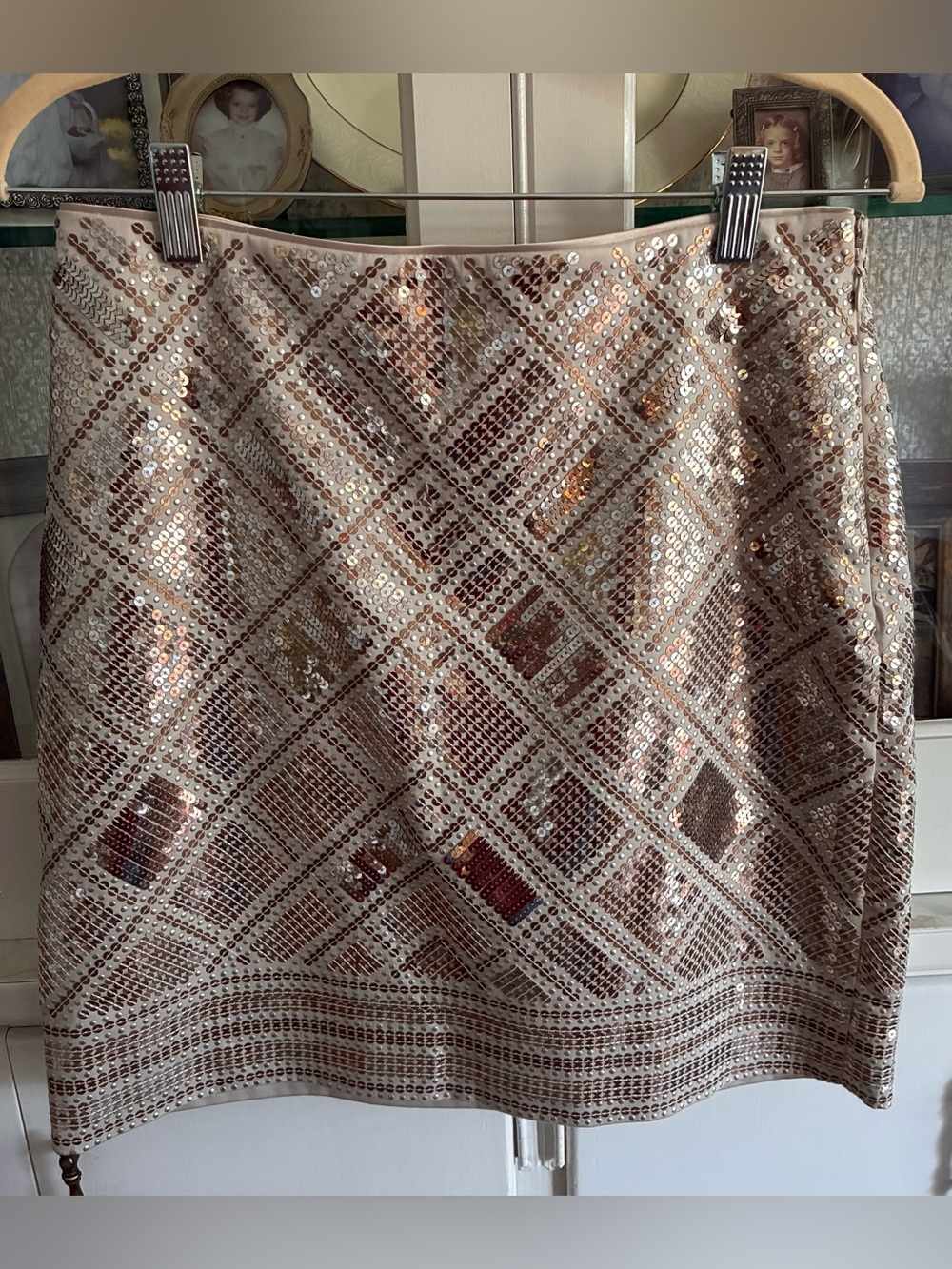 Champagne Pink & Gold Sequin Embellished Geometric Mini Skirt